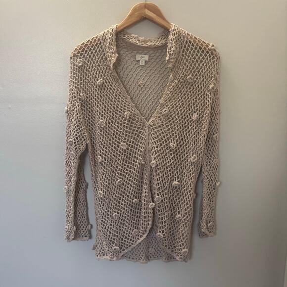 J.Jill Women’s Hand Crochet Sweater Open Cardigan Beige Linen Boho Knit XL - Picture 2 of 12